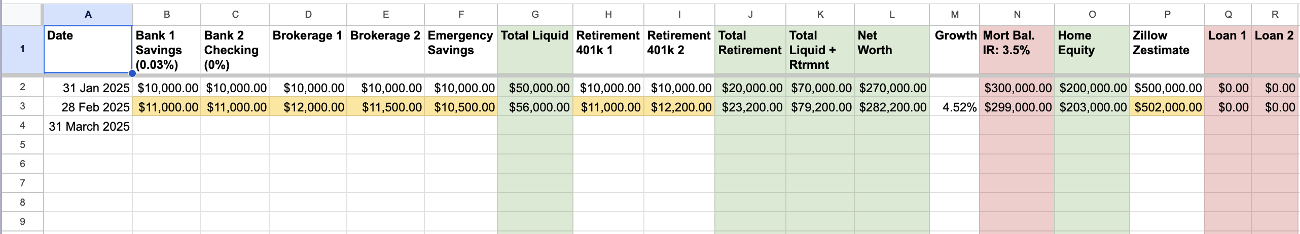 Monthly Net Worth Spreadsheet